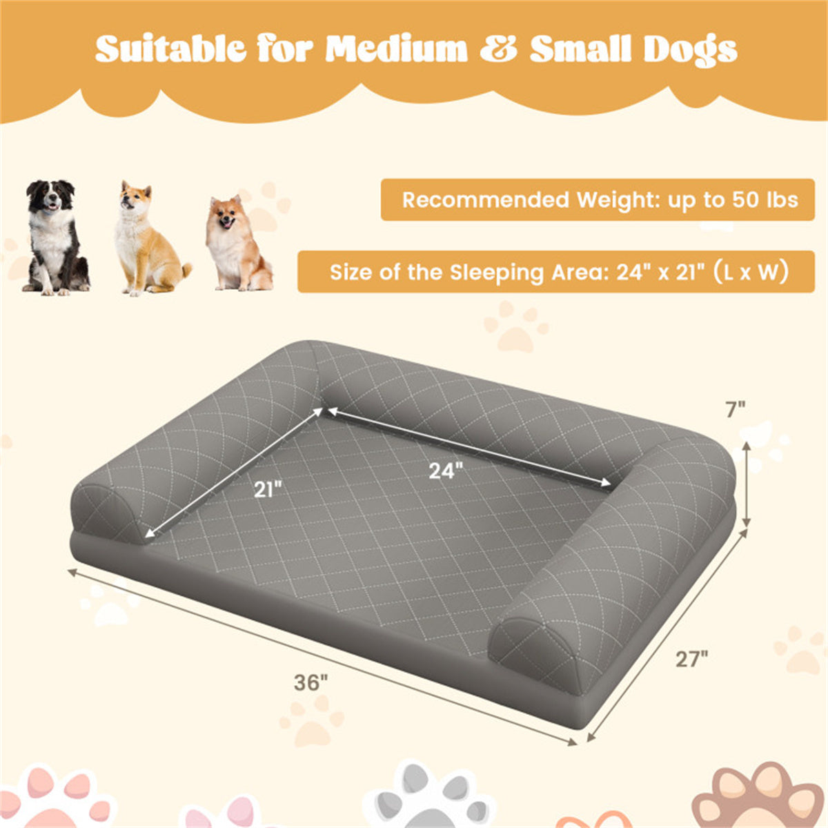 36" Orthopedic Dog Bed: Egg Foam with 3-Side Bolster